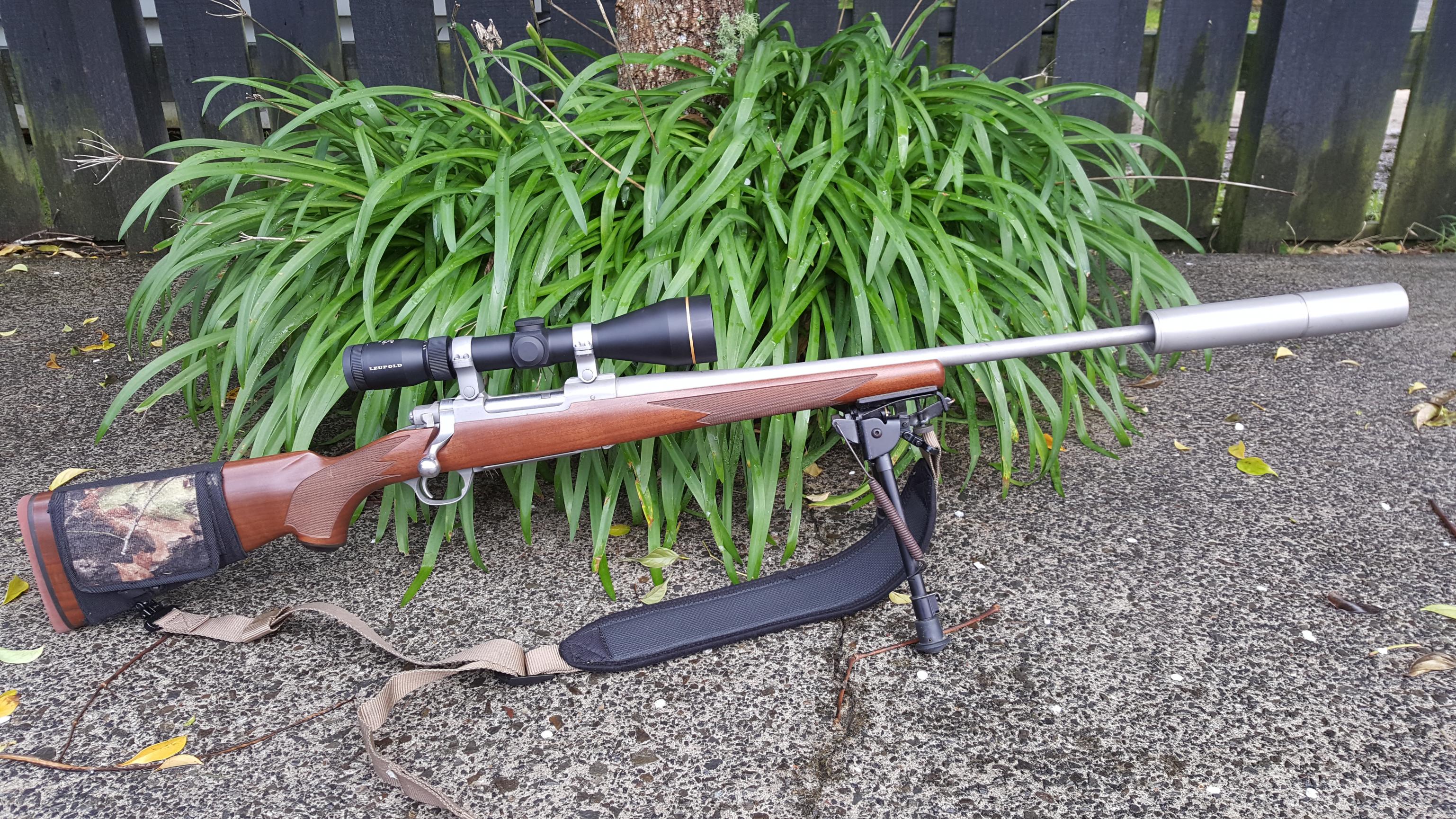 Name:  Ruger M77 Hawkeye .243 Matt SS Walnut 3-9x50 Leupold VX-R LVR   MAE CPBLS Suppressor 1.jpg
Views: 453
Size:  1.22 MB